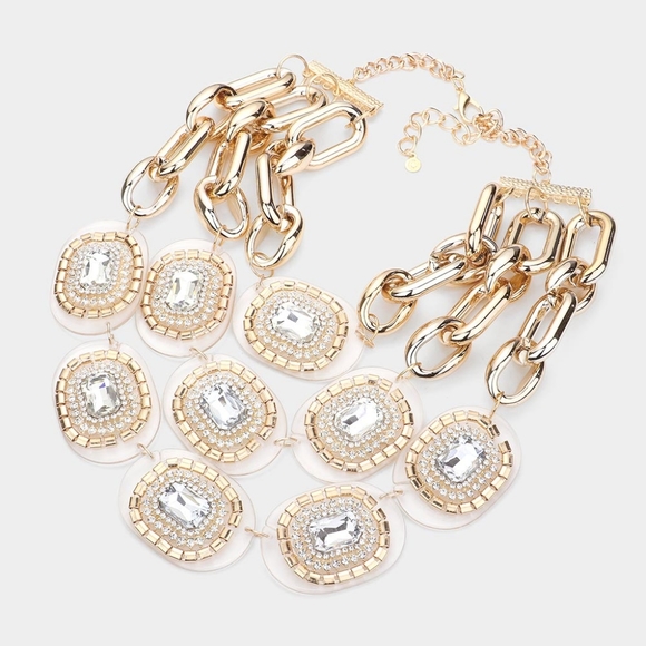 iFashionBox Jewelry Gold Triple Layered Chain Link Necklace Lucite Chunky Statement Jewelry